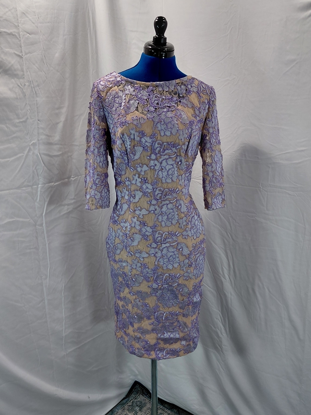 Alex Evenings Lavender Lace Midi Dress with Nude Underlay